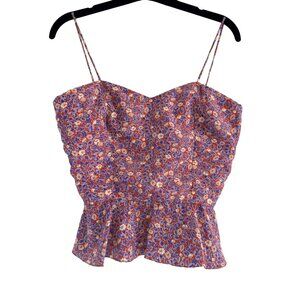 Vintage Floral Multicolor Spaghetti Straps Button Closure Peplum Top Size S